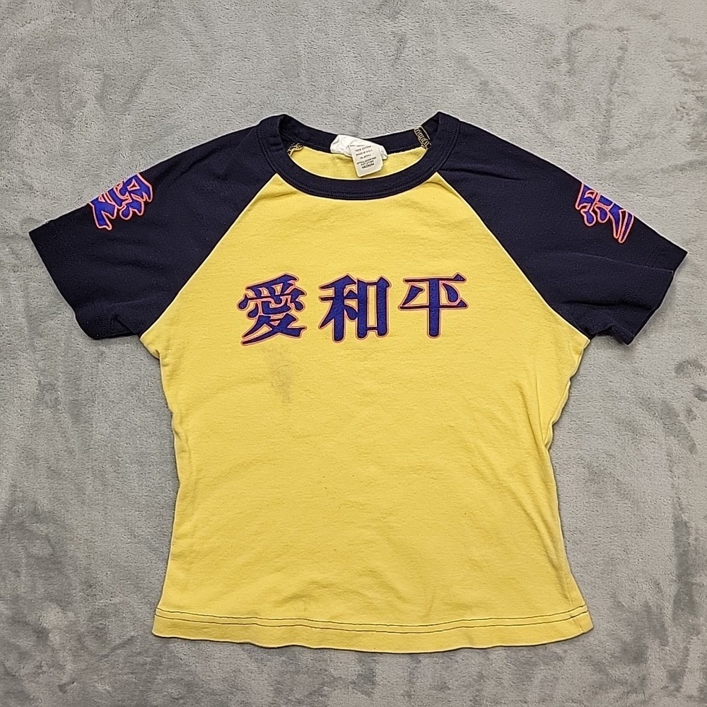 VTG Self Esteem Shirt Womens Medium Yellow Kanji Raglan Baby Tee Made In USA